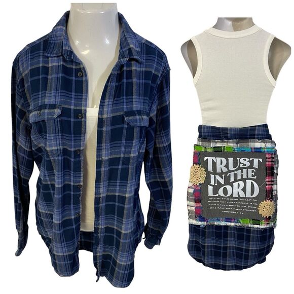 Christian Religious Flannel Shirt Womens 1X Shacket Upcycled Art Cottage Blue - Picture 7 of 16